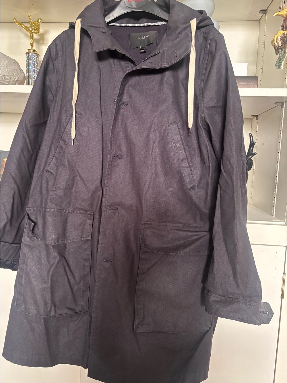 J. Crew Navy Hooded Field Coat with Contrast Drawstrings